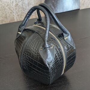 NWT Free People Mata Hari Black Leather Croc-Embossed Bowling Bag